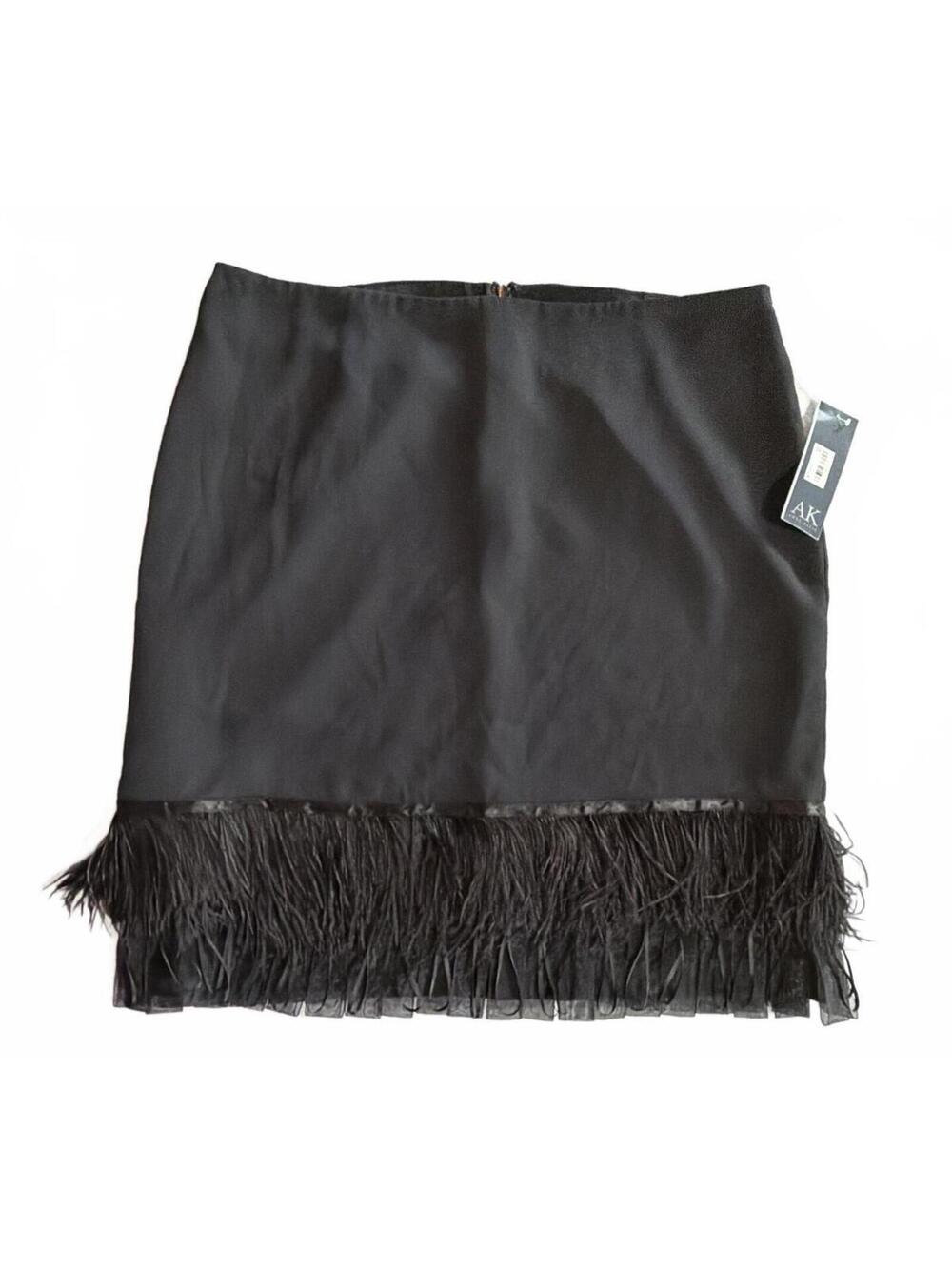 NWT Anne Klein Black Ostrich Feather and Ribbon Fringe Hem Skirt Size 12 ($129)